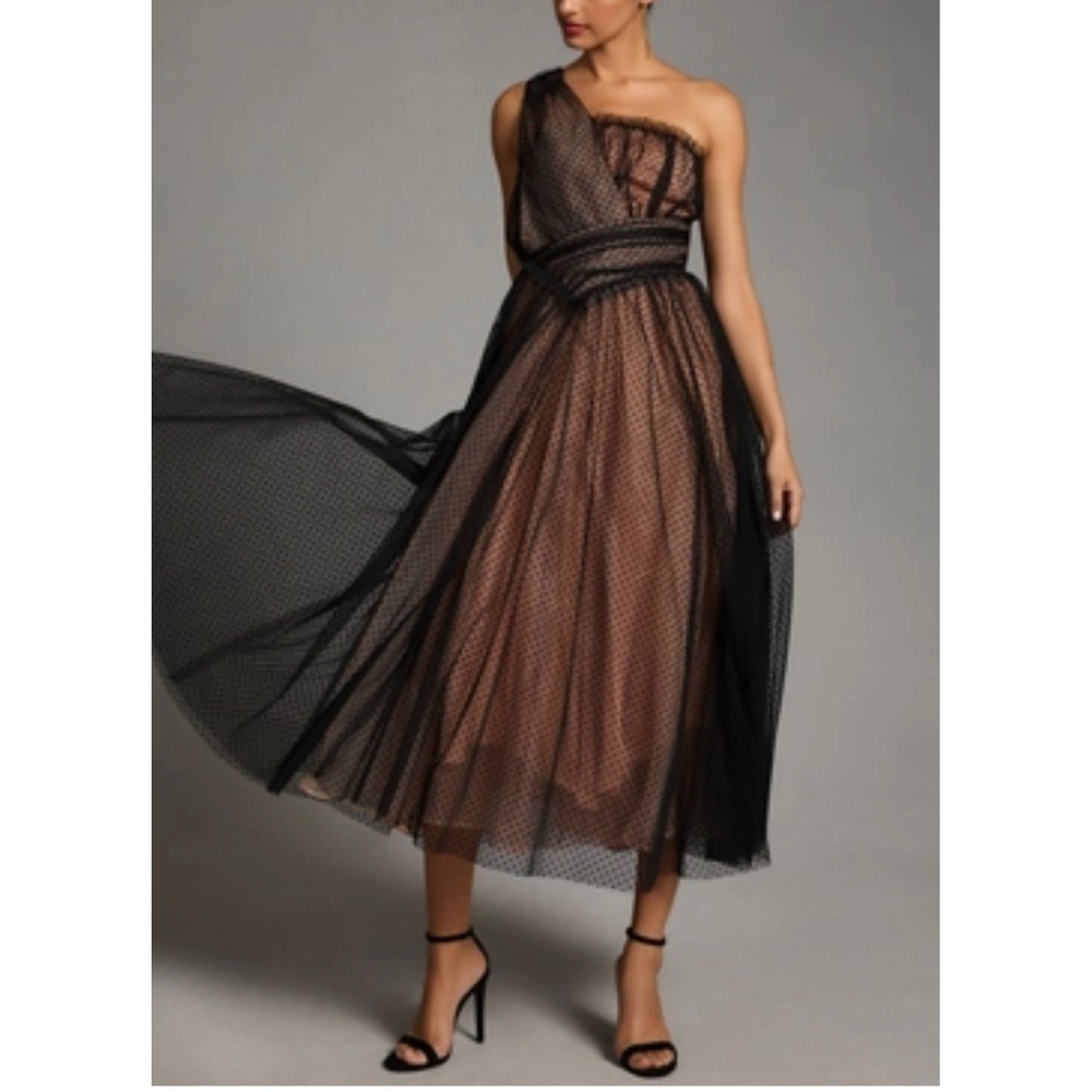 NWT Anthropologie Tulle Dot Maxi Dress One Shoulder Black Nude Size 0 MRSP $220